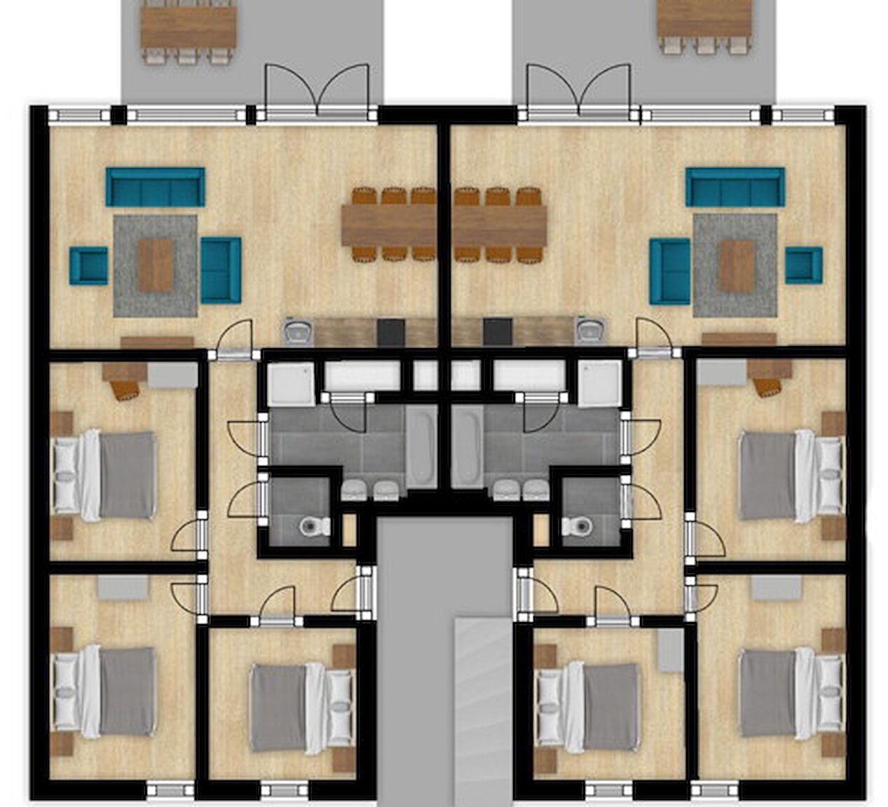 A hotel layout with four bedrooms, two bathrooms, a dining area, and a small kitchen.