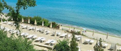 On the beach, beach umbrellas, beach towels, snorkeling