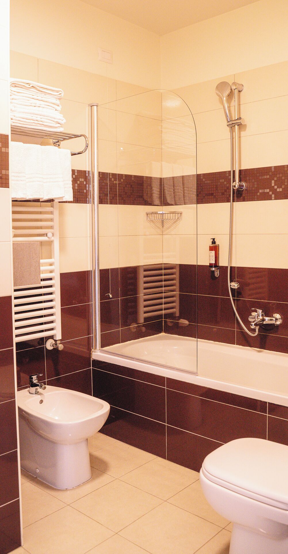A modern bathroom with a glass-enclosed shower, a standalone bidet, and a toilet.