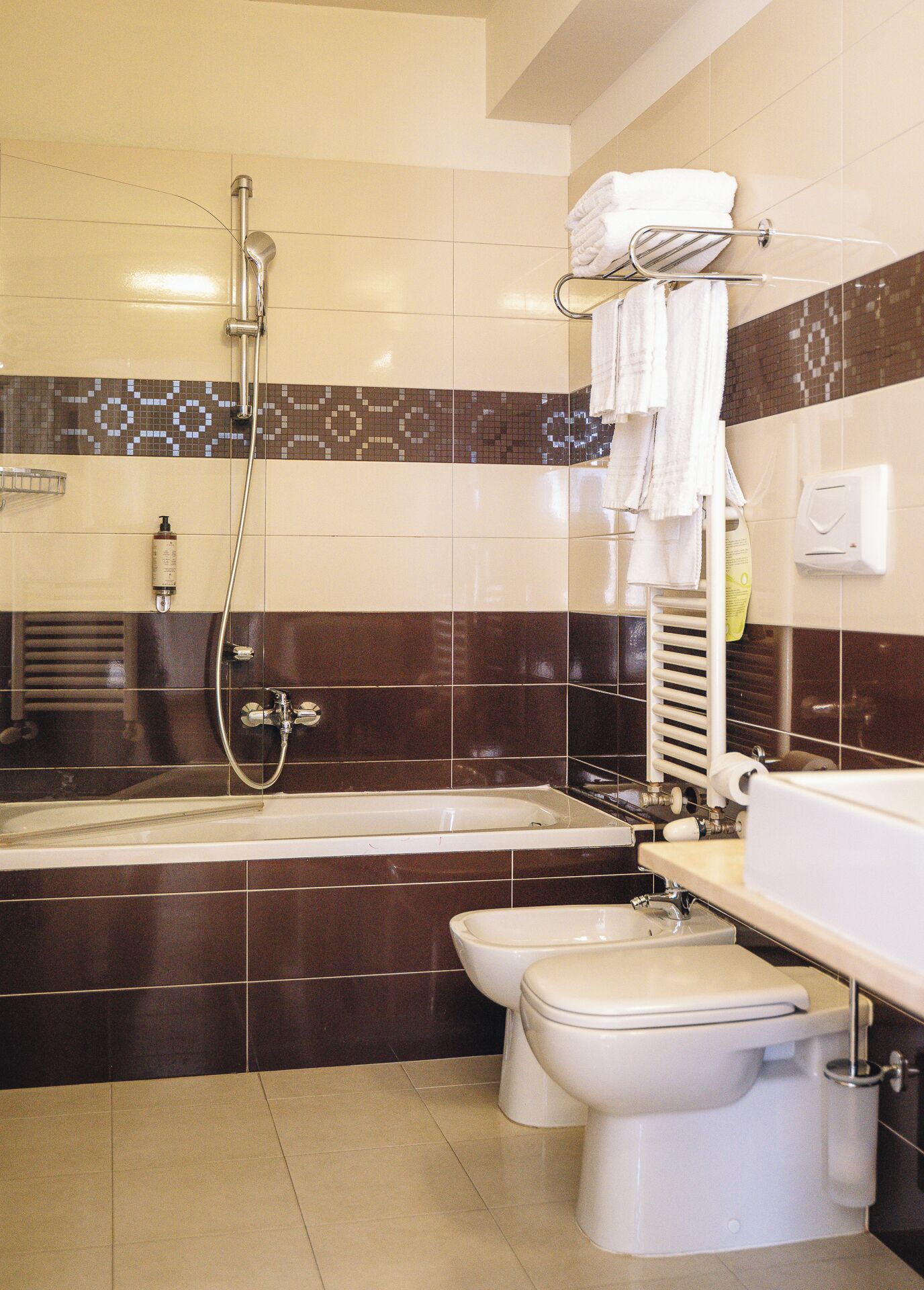 Un baño moderno con bañera, dos inodoros, ducha y toallero.