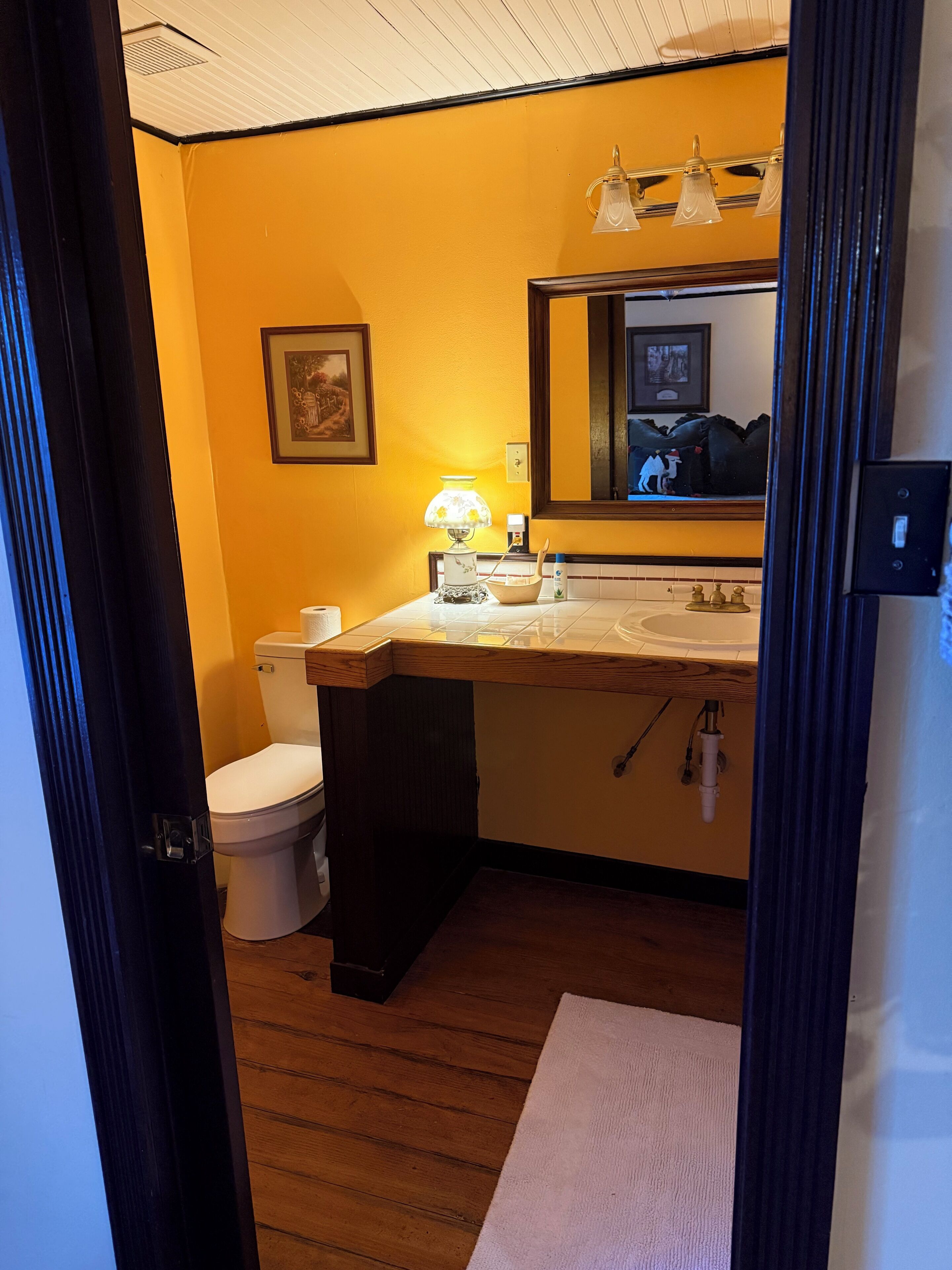 Een badkamer met een houten vloer, een wit toilet, een wastafel met spiegel erboven en een foto in een lijst aan de muur.