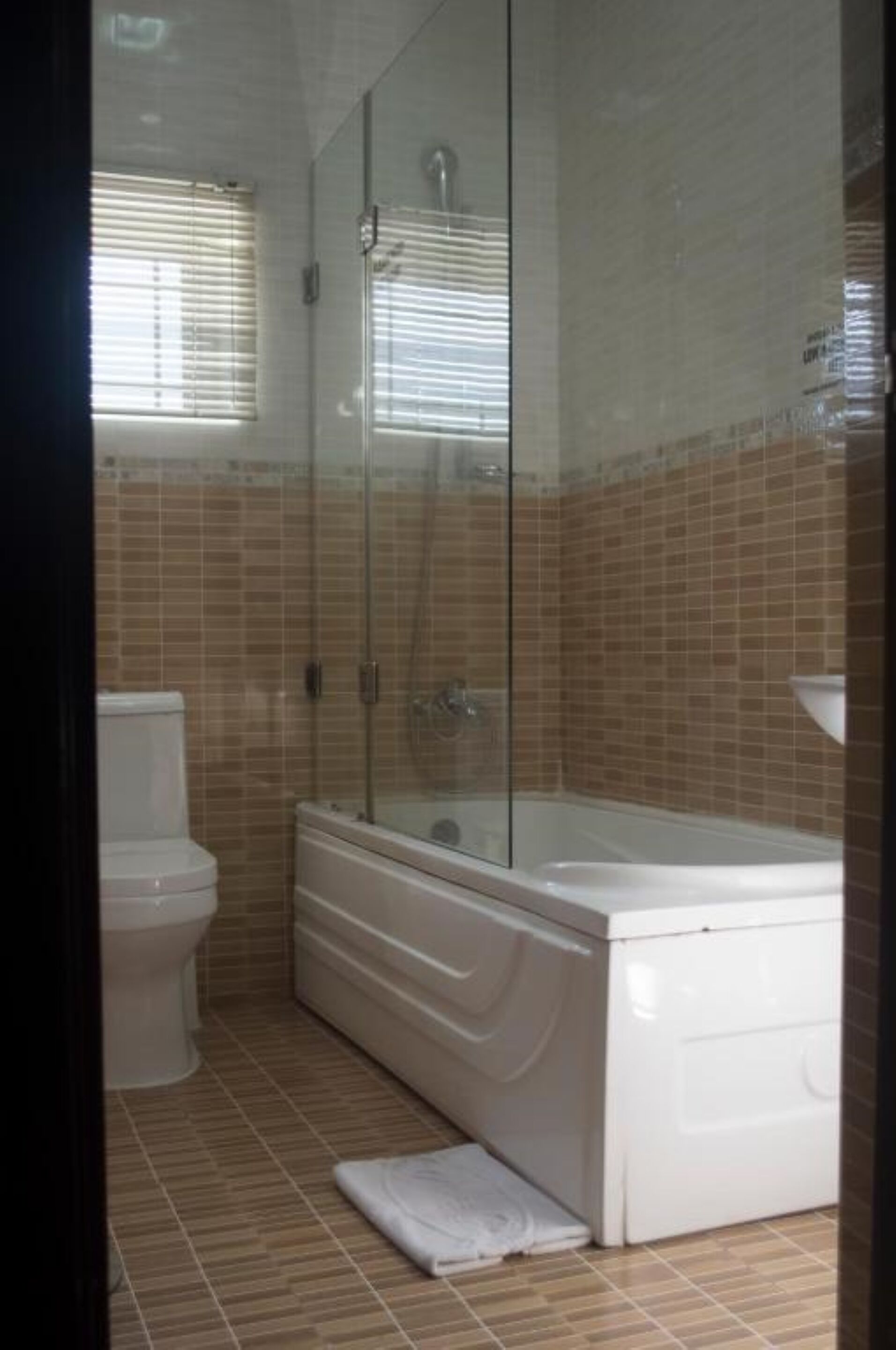 A bathroom with a glass-enclosed shower, a white toilet, and a bathtub.