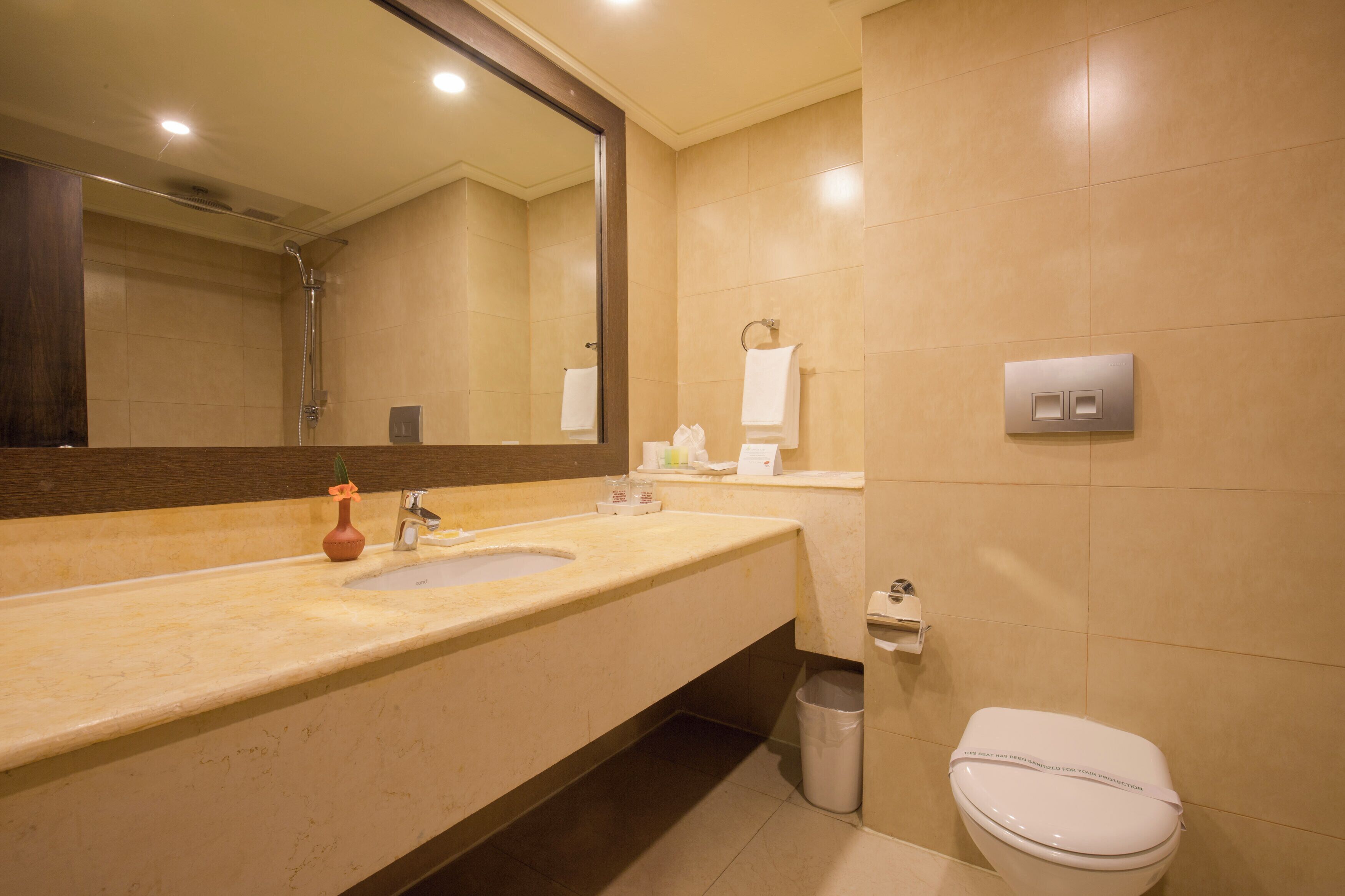 A modern bathroom with a large mirror, a sink, a toilet, and a trash bin.