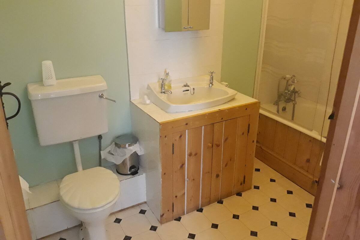 A bathroom with a toilet, sink, mirror, and shower.