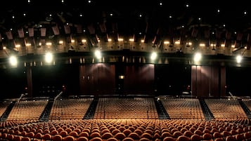 A large, modern theater with multiple levels of seating and a central stage.