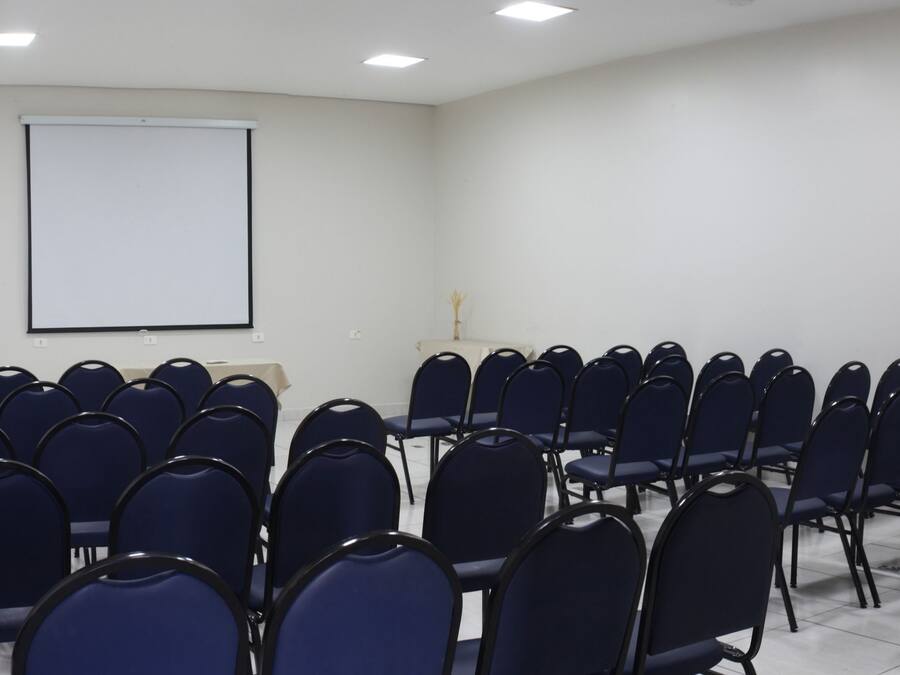 A conference room with rows of blue chairs, a white projection screen, and two plants.