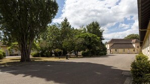 A quiet street with a large tree and a building with a yellow facade. - Hôtel & Résidence Avermes (Avermes)