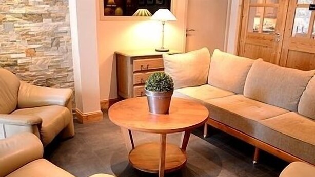 Een gezellige woonkamer met een stenen accentmuur, een ronde houten salontafel met een plant en een beige bank.
