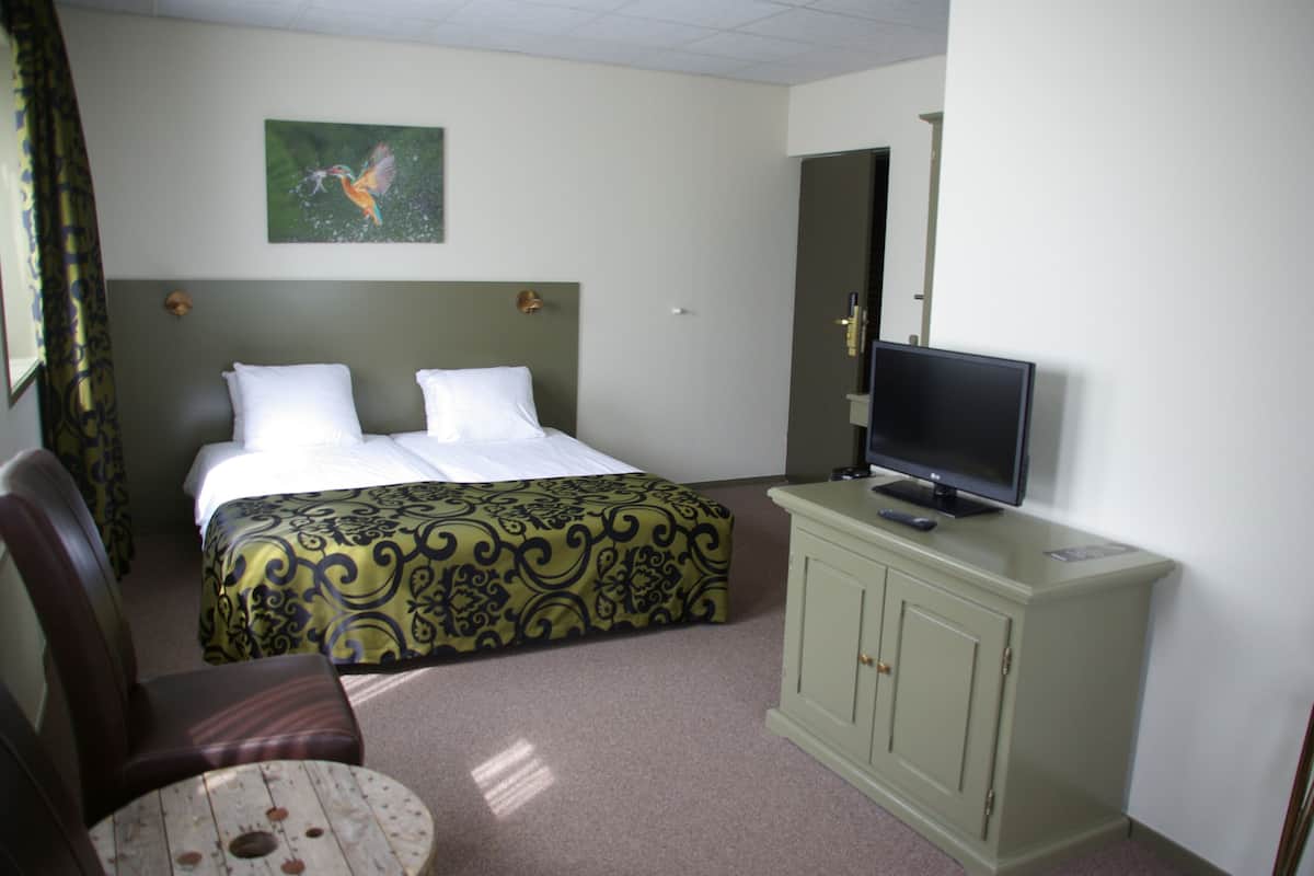 Une chambre d’hôtel avec un lit, un téléviseur posé sur une commode, une chaise et un tableau accroché au mur.