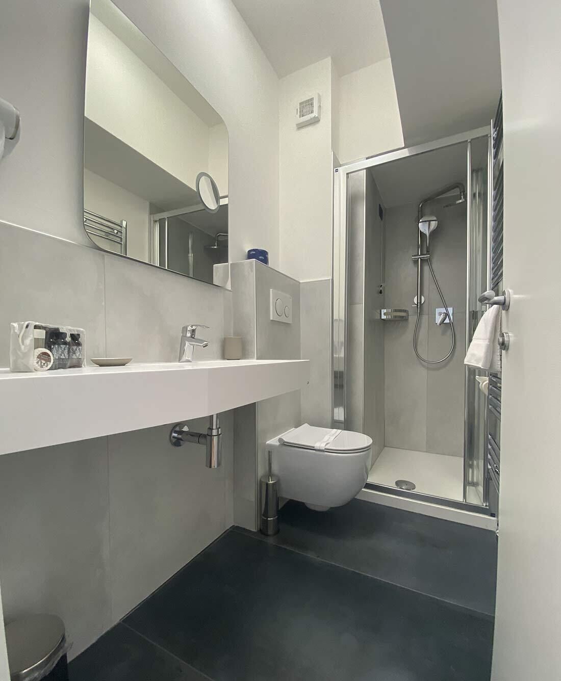 Een moderne badkamer met een witte wastafel, spiegel en toilet.