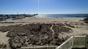A beach with a wooden walkway leading to the water, a pier in the distance, and a clear sky. - Lotus Provincetown (Provincetown)