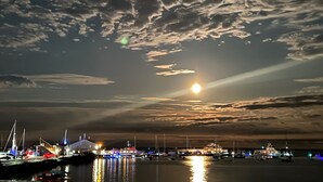 A marina at sunset with boats docked and a building with lights. - Lotus Provincetown (Provincetown)