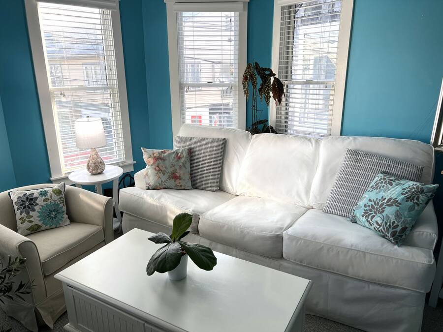 A living room with a white sofa, a small white table, and a potted plant.