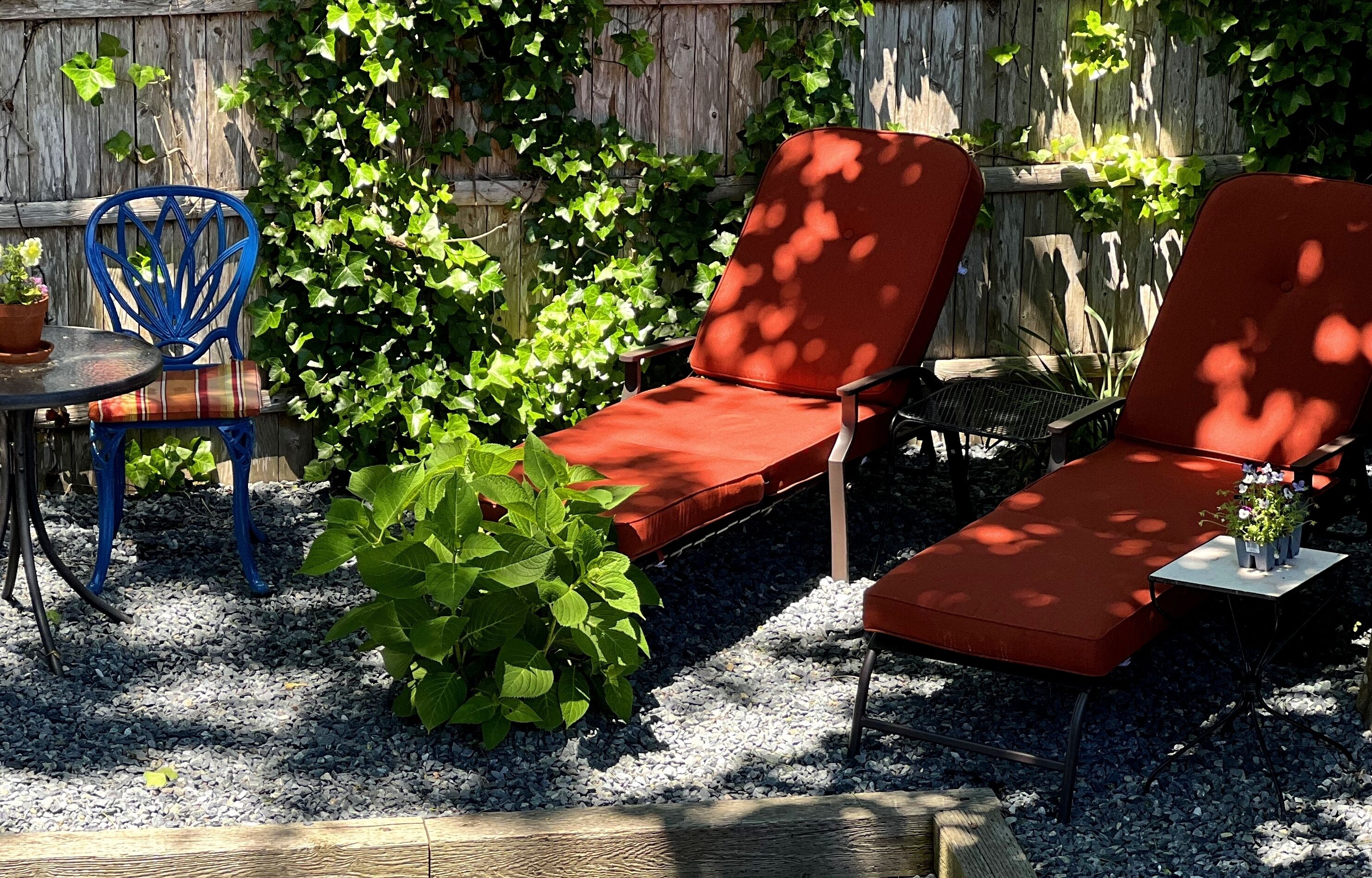 Un patio con dos sillones rojos, una silla de metal azul y una mesita con una planta en maceta.