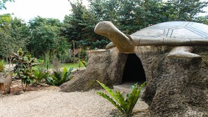 Uma grande estátua de tartaruga em um jardim, rodeada por pedras e plantas.