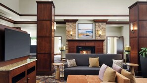 A spacious living area with a dark-colored sofa, multiple cushions, a fireplace, and a television on a wooden cabinet. - Hilton Garden Inn Bossier City, LA (Bossier City)