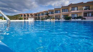 Seasonal outdoor pool, pool umbrellas, pool loungers