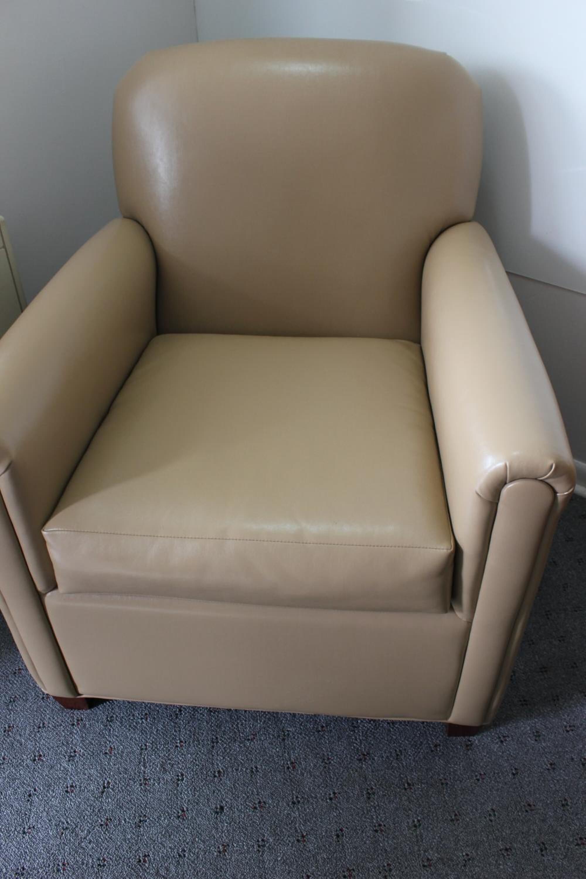 A tan leather armchair with a cushioned seat and backrest, positioned against a wall on a carpeted floor.