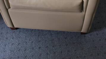 A tan leather armchair with a cushioned seat and backrest, positioned against a wall on a carpeted floor.