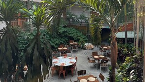 An indoor courtyard with multiple dining tables and chairs, surrounded by lush greenery and plants. - Flor de Mayo Hotel & Restaurant - Adults only (Cuernavaca)