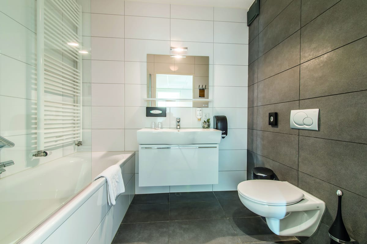 shower, free toiletries, hair dryer, towels