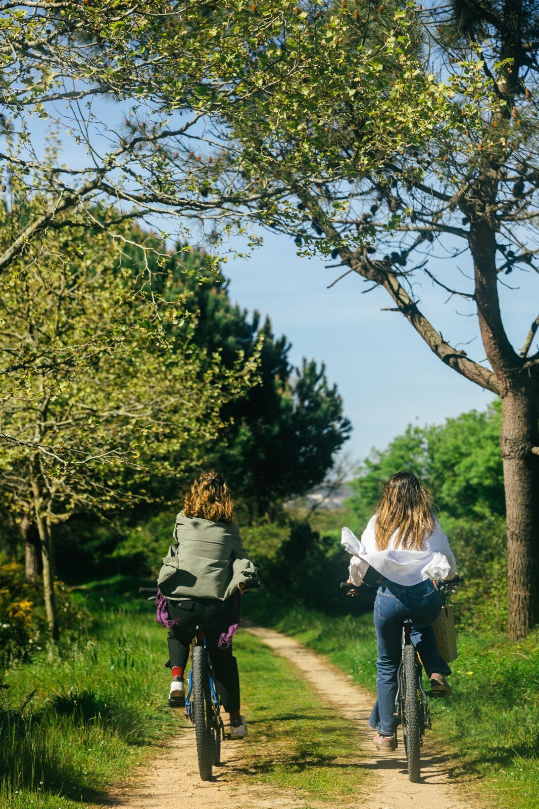Two people on bicycles on a dirt path surrounded by trees.