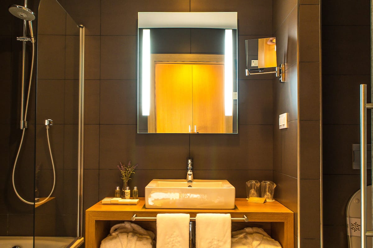 rainfall showerhead, hair dryer, bathrobes, slippers