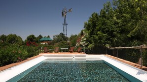 Ein rechteckiger Pool mit klar blauem Wasser, umgeben von einer Holzterrasse und einem grünen Sonnenschirm.