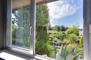 Janela com vista para um jardim com diversas plantas e um banho de pássaros.