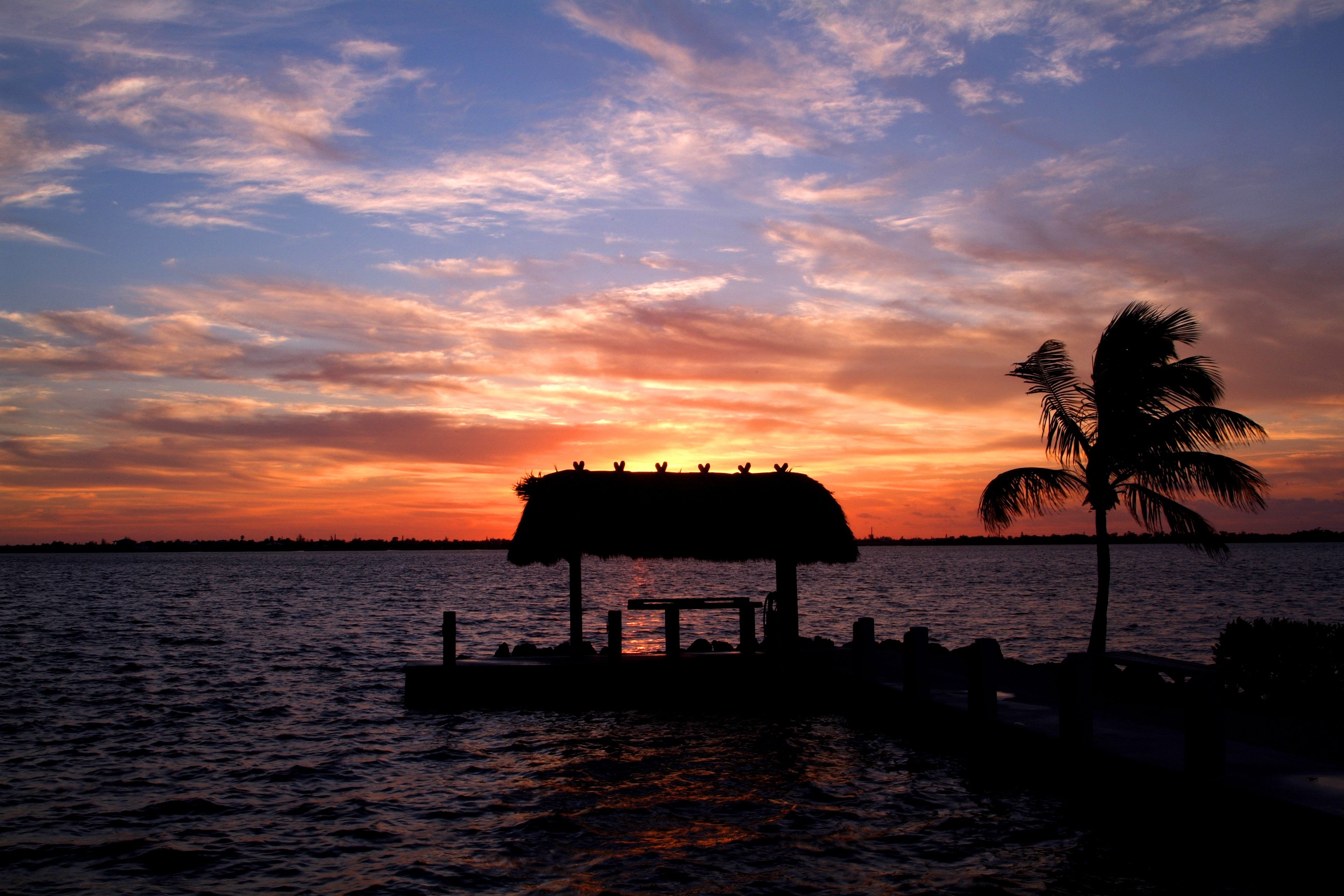 A sunset over a body of water with a thatched-roof structure and a palm tree.