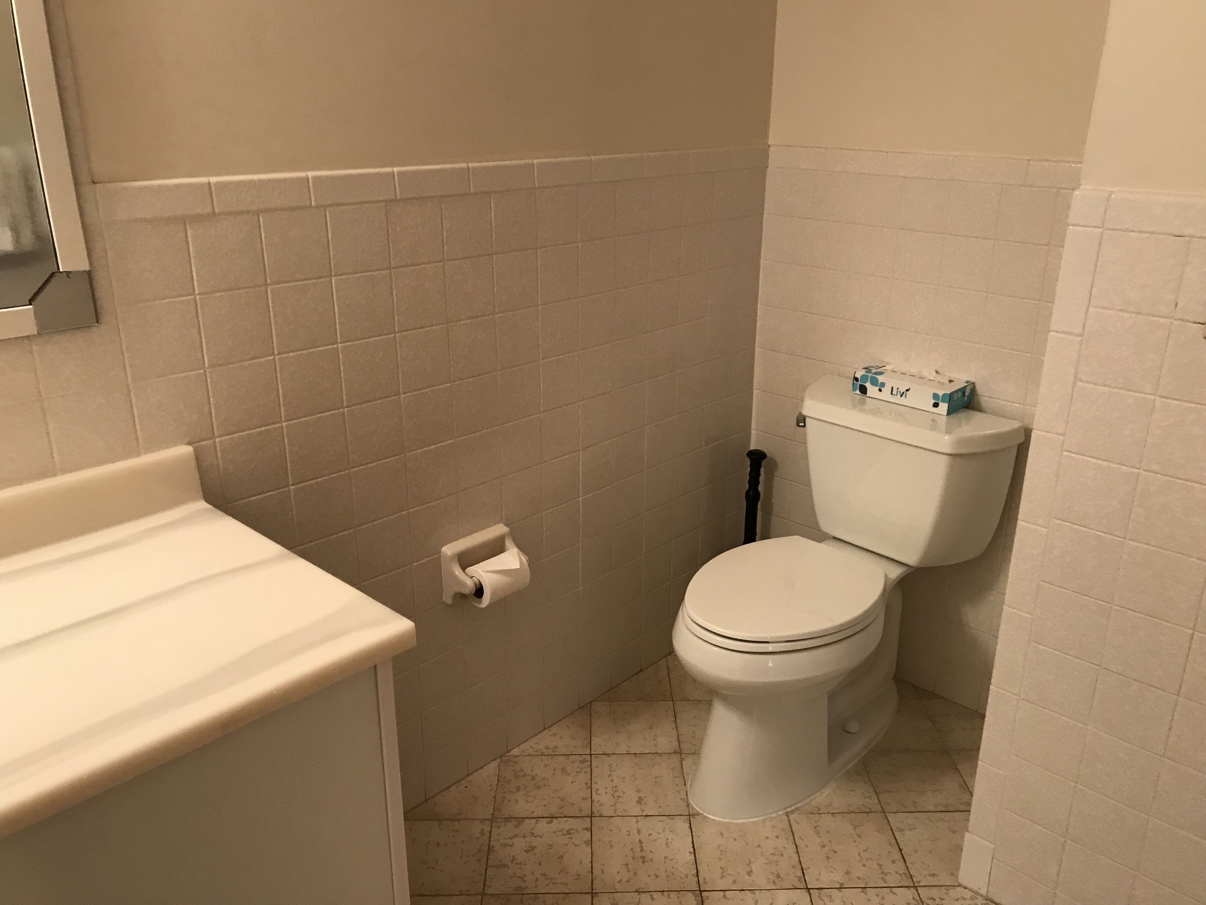 Ein kleines Badezimmer mit Toilette, Toilettenpapier und einem weißen Waschbecken.