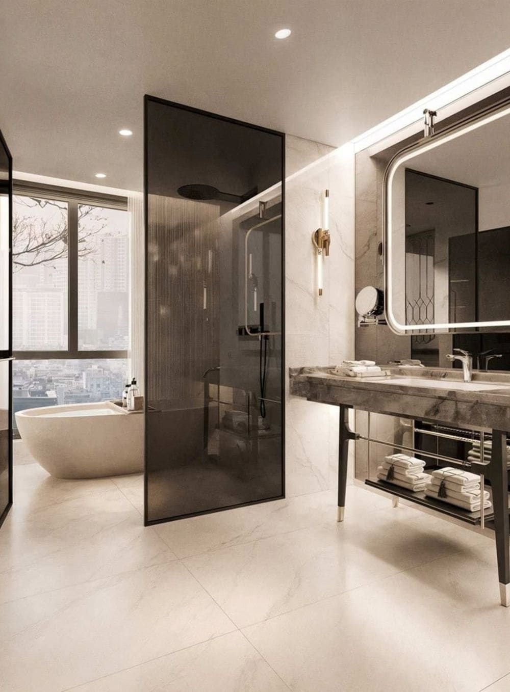 A modern bathroom with a freestanding bathtub, a glass shower enclosure, and a vanity with a large mirror.
