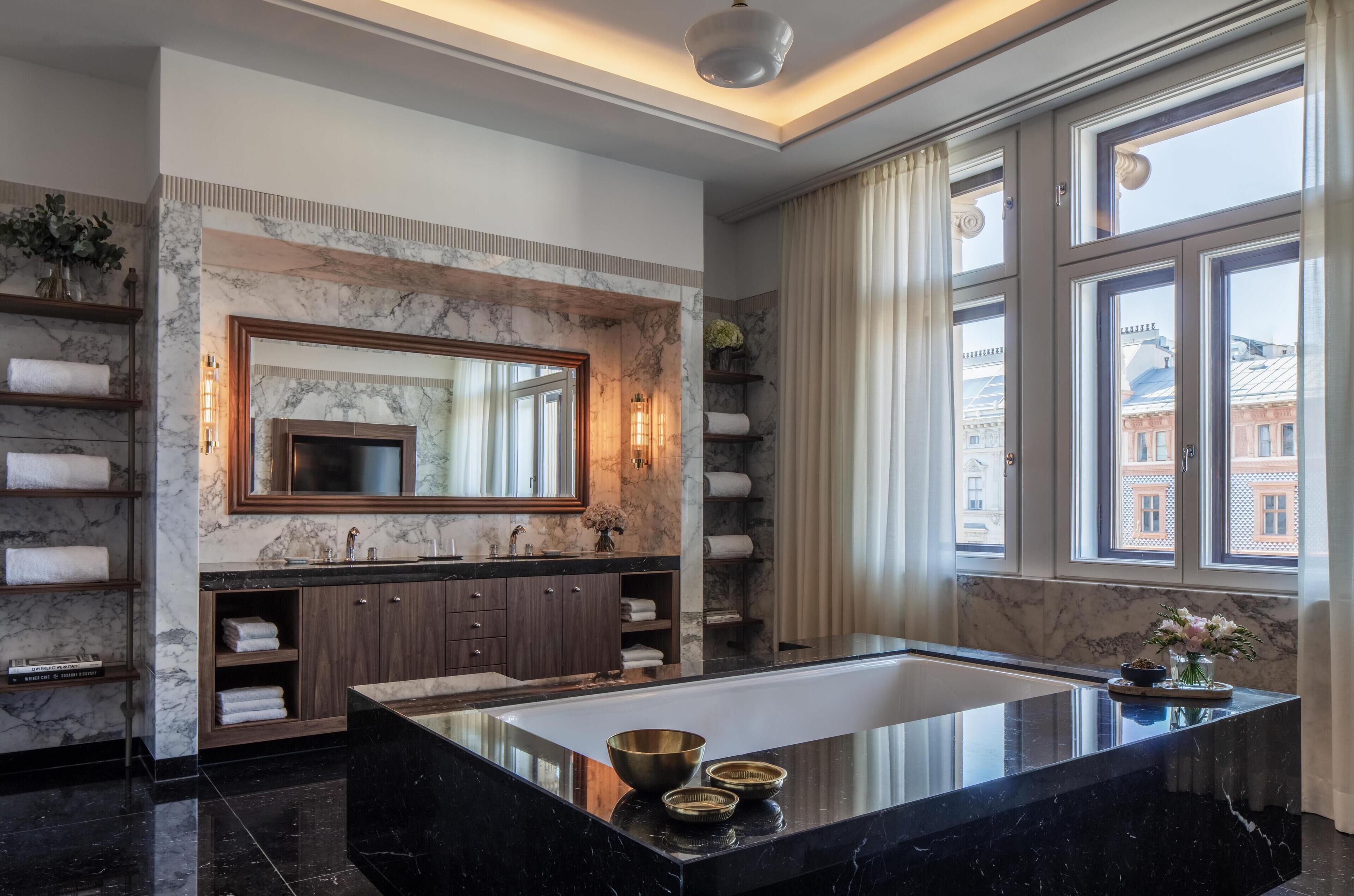 separate bathtub and shower, deep-soaking bathtub, rainfall showerhead