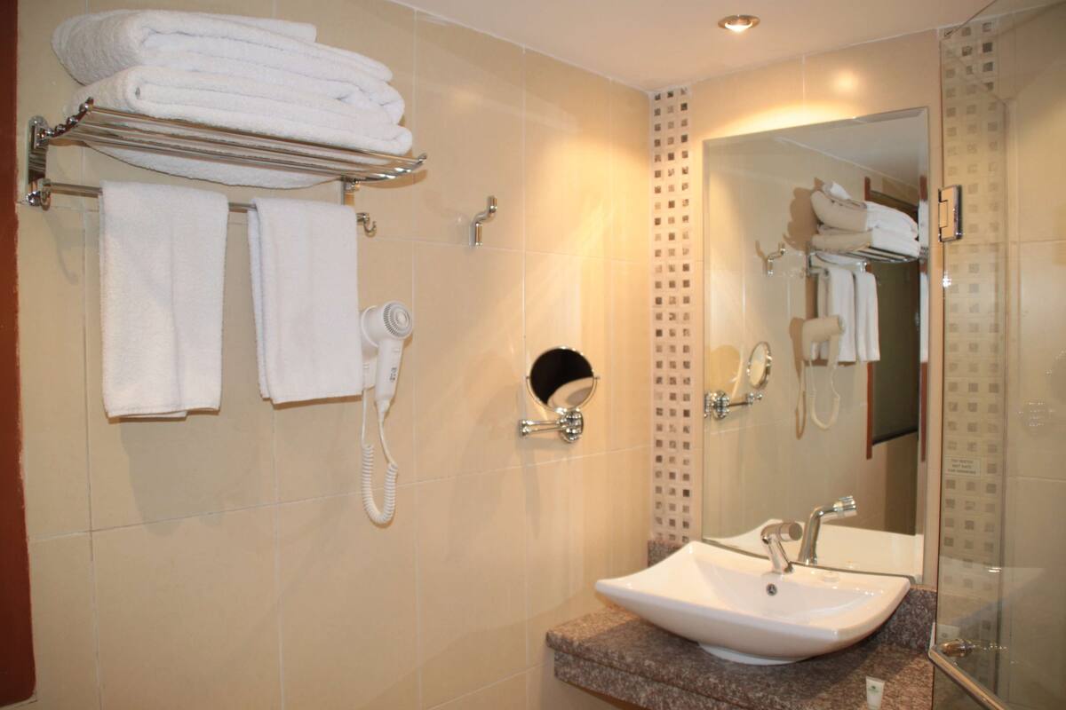Une salle de bain équipée d’un lavabo, d’un miroir, d’un porte-serviettes et d’un sèche-cheveux.
