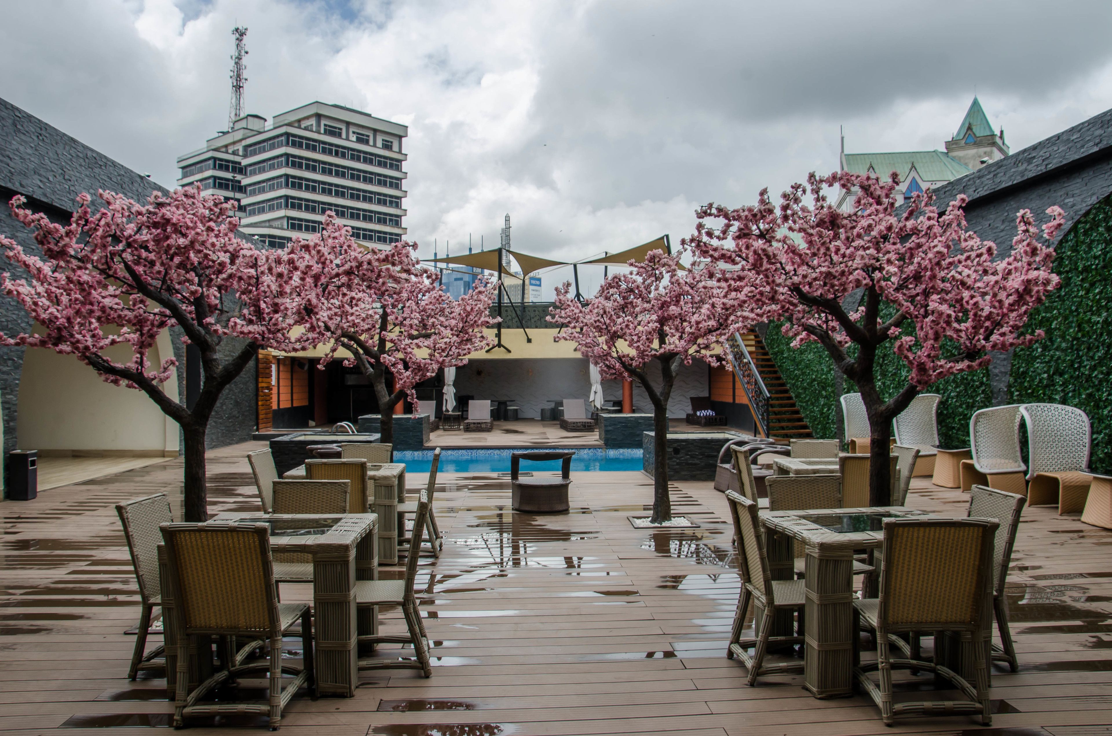 An outdoor seating area with tables and chairs, a pool, and cherry blossom trees.