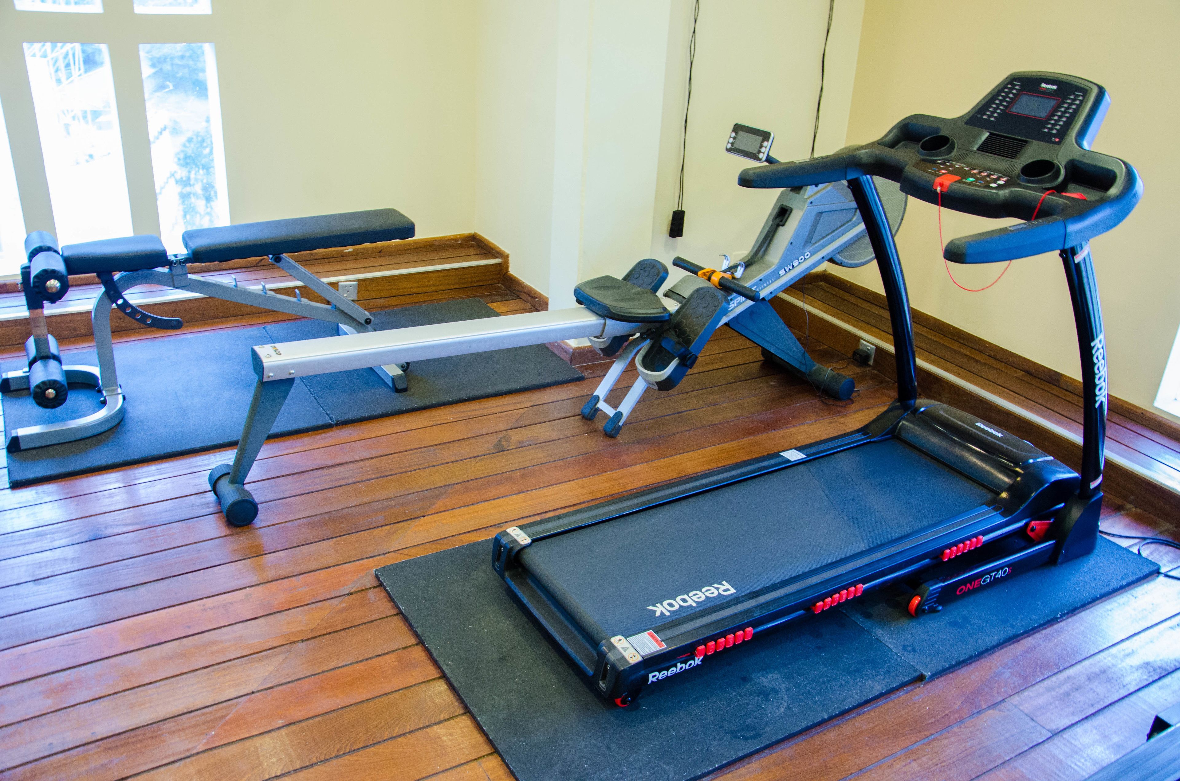 A gym with a treadmill, stationary bike, and rowing machine.