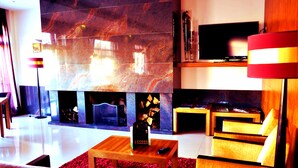 Een moderne woonkamer met een open haard, een televisie en comfortabele zitplaatsen.