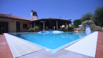 Seasonal outdoor pool, pool umbrellas, pool loungers