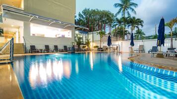 Outdoor pool, pool umbrellas, pool loungers