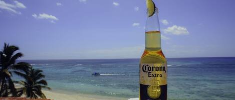 A bottle of Corona Extra beer on a white pedestal by a beach with palm trees and the ocean in the background.