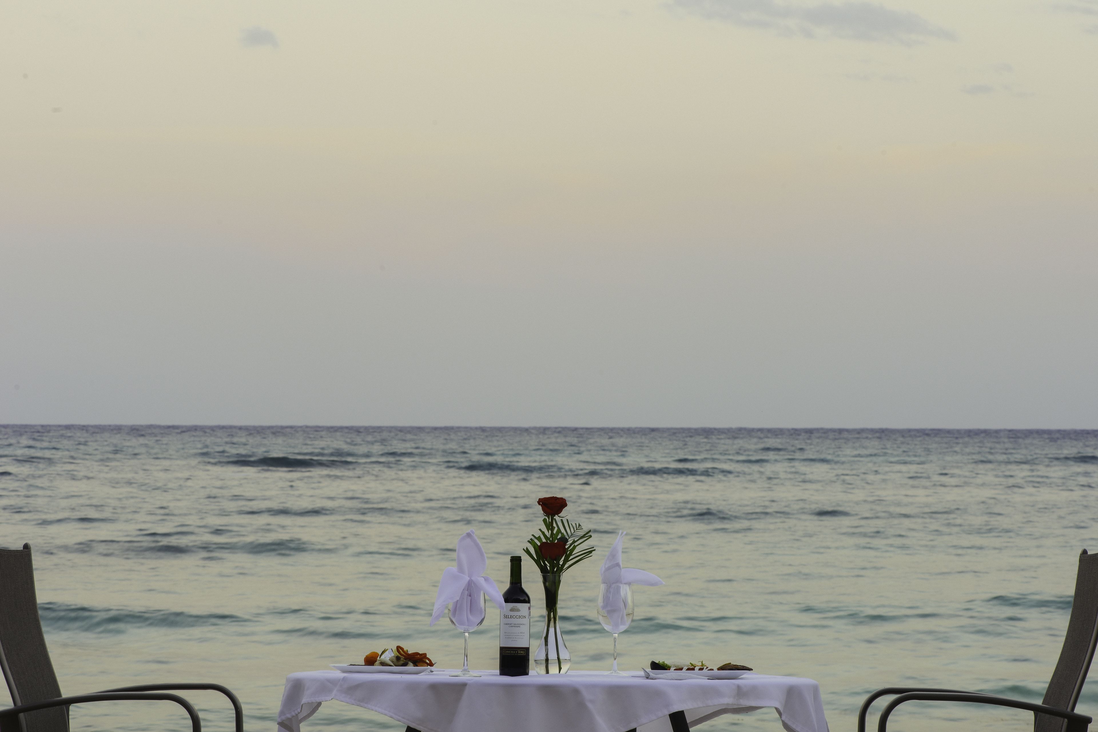 Taula per a dos amb una ampolla de vi, un vas amb una rosa i un plat de menjar, amb vista al mar.