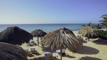 Relax on the beach with ocean views, shaded by thatched umbrellas and surrounded by palm trees.