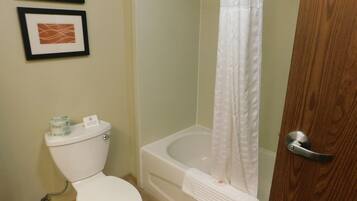 Ein Badezimmer mit Toilette, Badewanne und Duschvorhang.