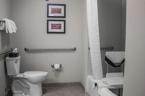 Combined shower/tub, free toiletries, hair dryer, towels