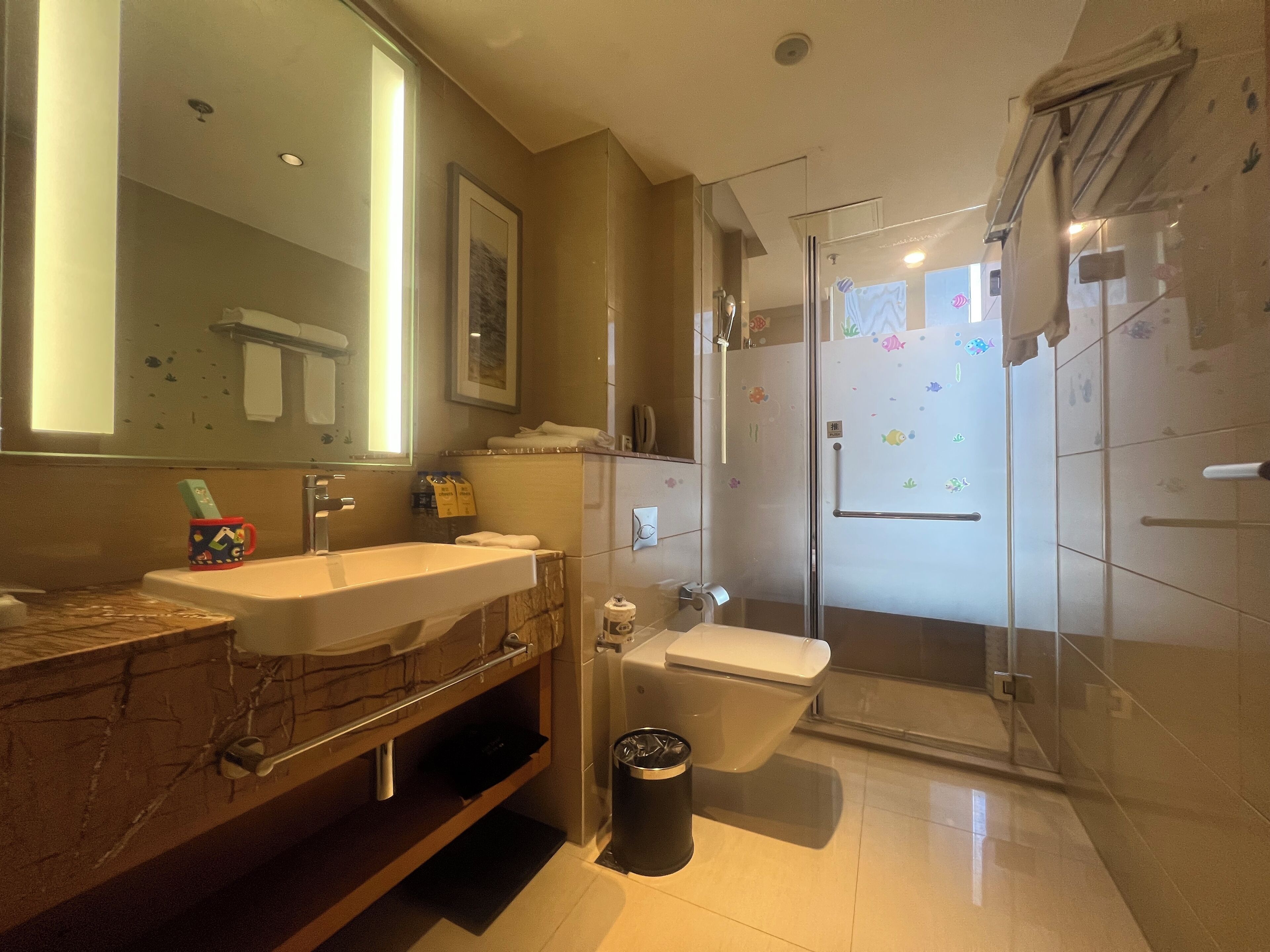 Ein modernes Badezimmer mit einem großen Waschbecken, einem Spiegel und einer Duschkabine aus Glas.