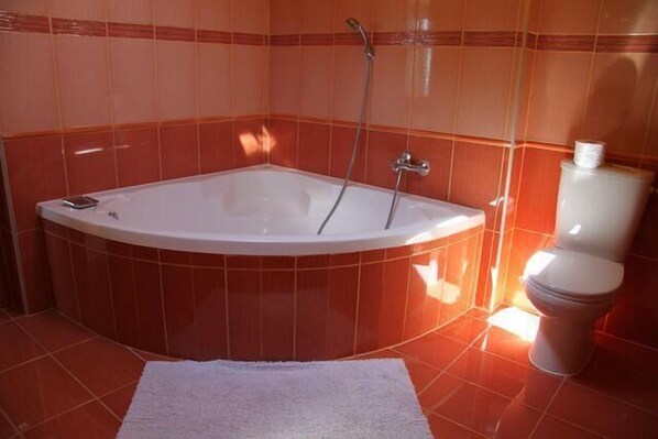 Un baño con bañera independiente, inodoro y zona de ducha.