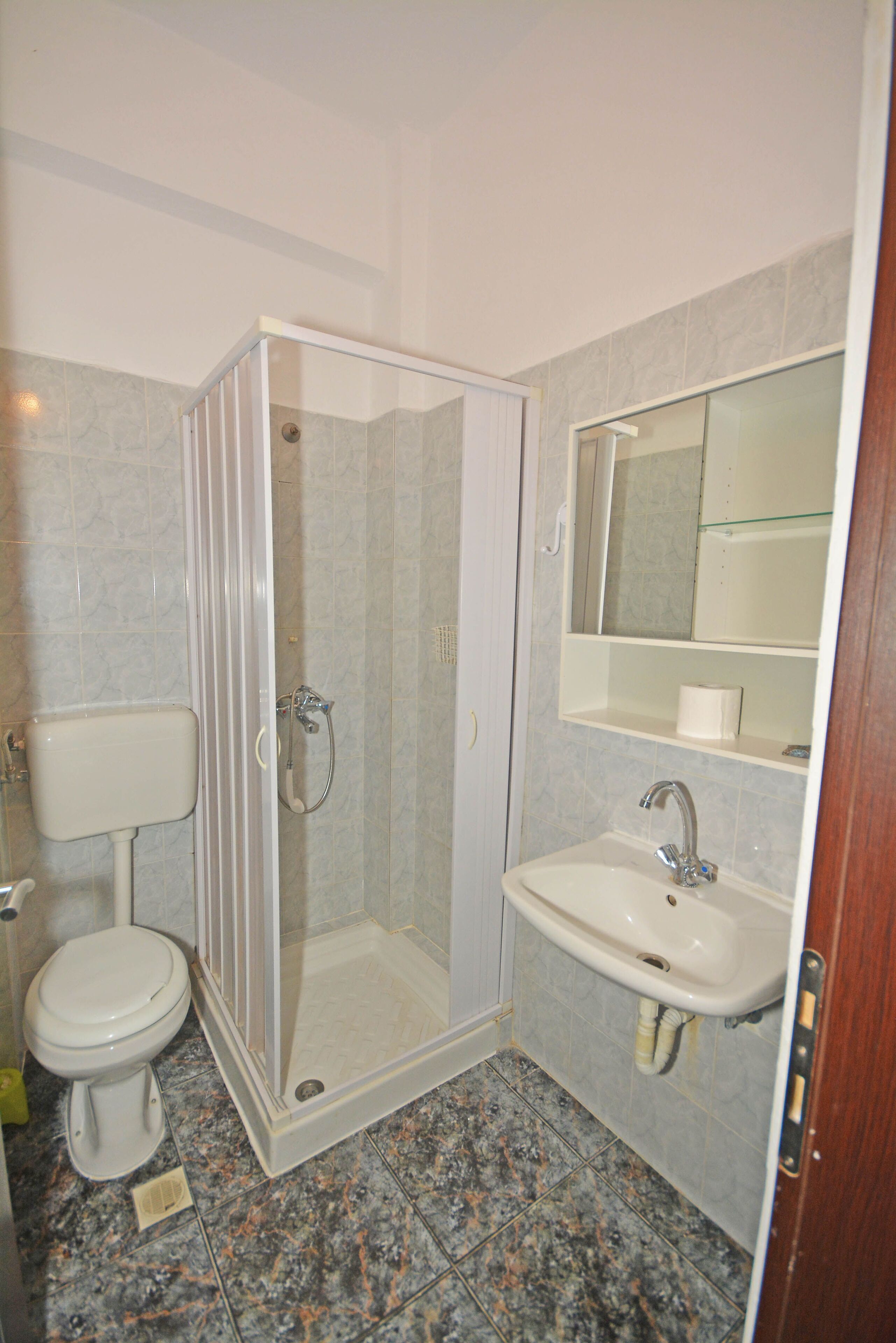 Een badkamer met een douche met glazen wand, een toilet en een wastafel met spiegel erboven.