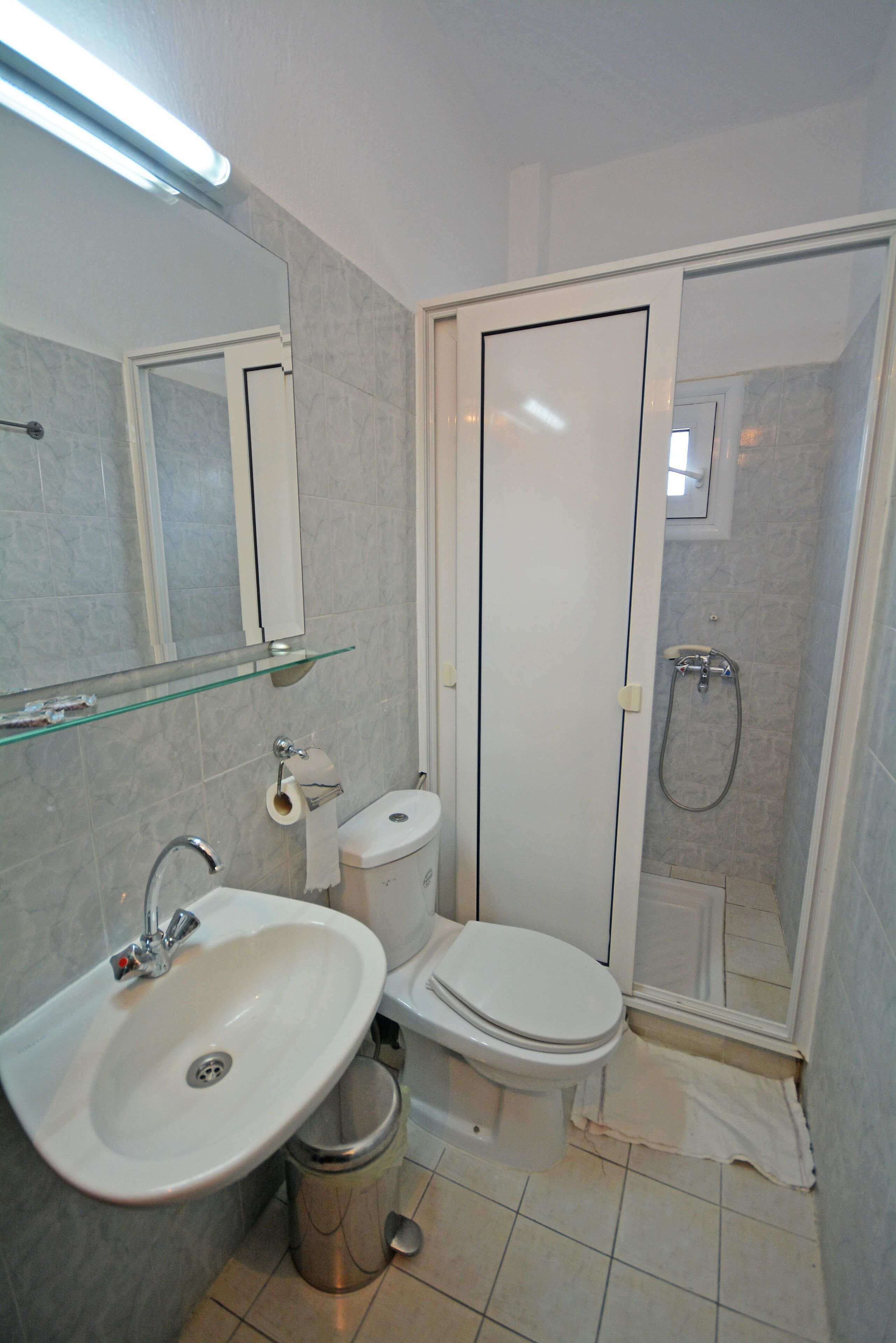 Une salle de bain avec un lavabo, des toilettes et une douche.