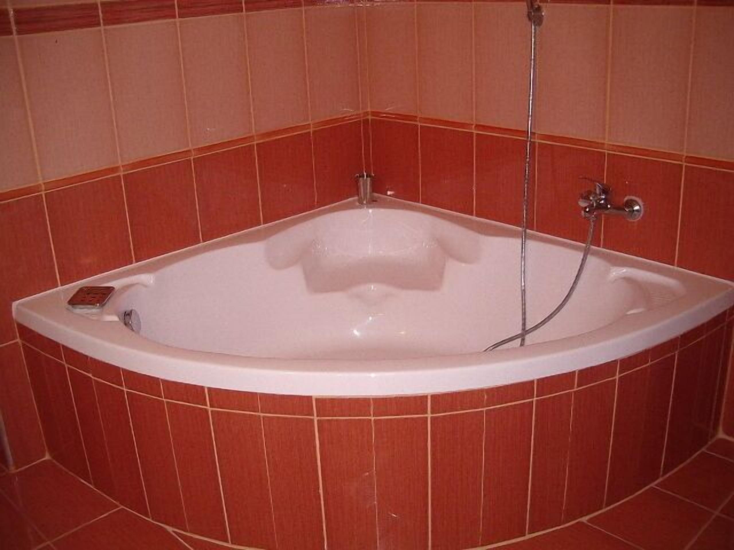 A corner bathtub with a handheld showerhead and a control panel.