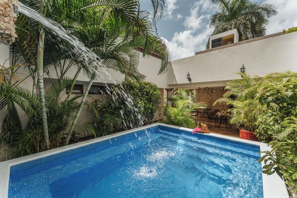 A swimming pool with a waterfall feature surrounded by lush tropical plants.